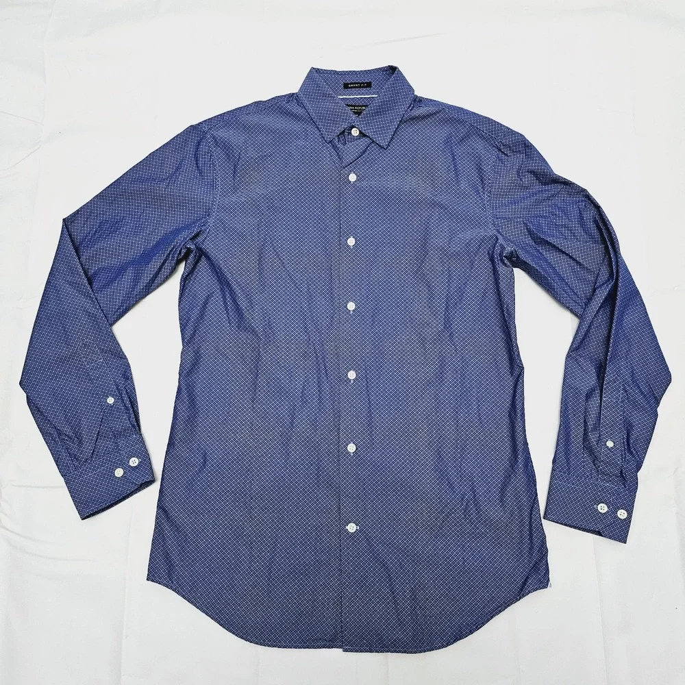 Banana Republic Mens Medium Grant‎ 120's Supima Blue Geometric Long Sleeve Shirt
